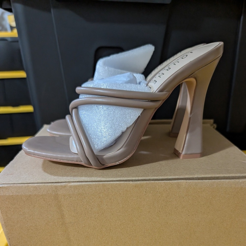 Journee Collection Louisse Taupe Square Toe Multi Strap Flared Heel Sandal 8.5